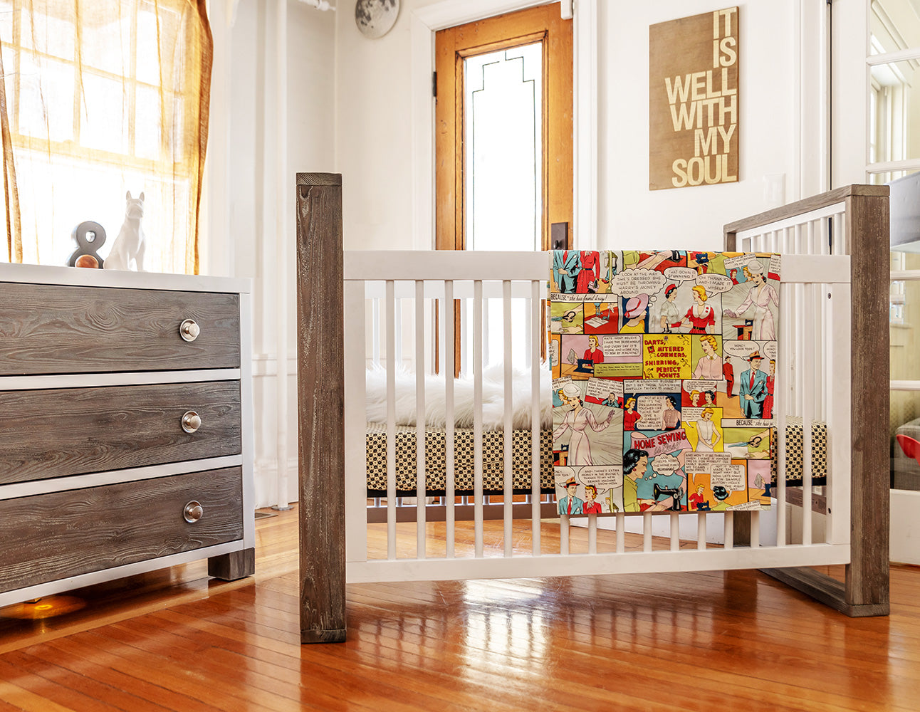 This traditional crib boasts angular lines of deeply distressed Spruce with a cubist style, you will truly own a “one of a kind” piece of art!